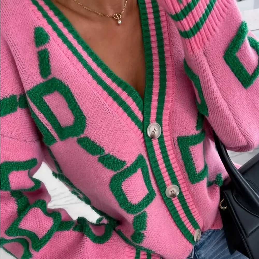 Pink and Green Geometric Pattern Sweater